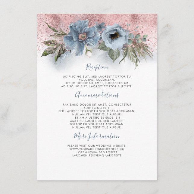 Dusty Blue And Rose Gold Wedding Information Guest Enclosure Card (Front)