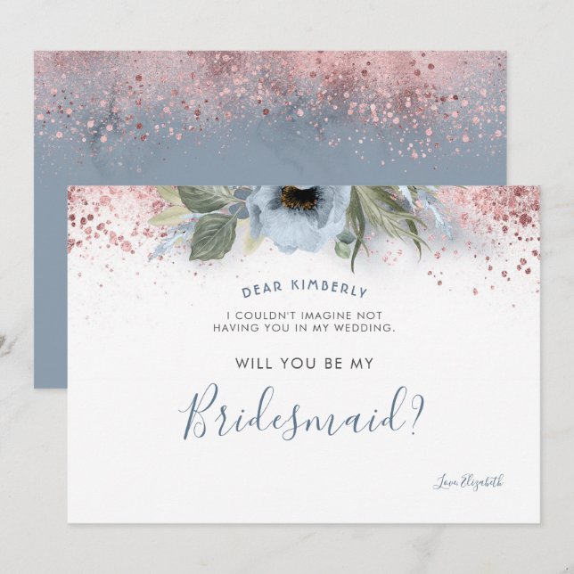 Dusty Blue and Rose Gold Will You Be My Bridesmaid Invitation (Front/Back)