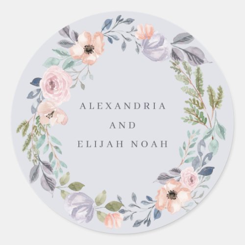 Dusty Blue and Roses Watercolor Floral  Wedding Classic Round Sticker