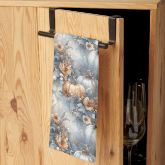 Dusty Blue and Rustic Orange Autumn Pumpkin Design Kitchen Towel