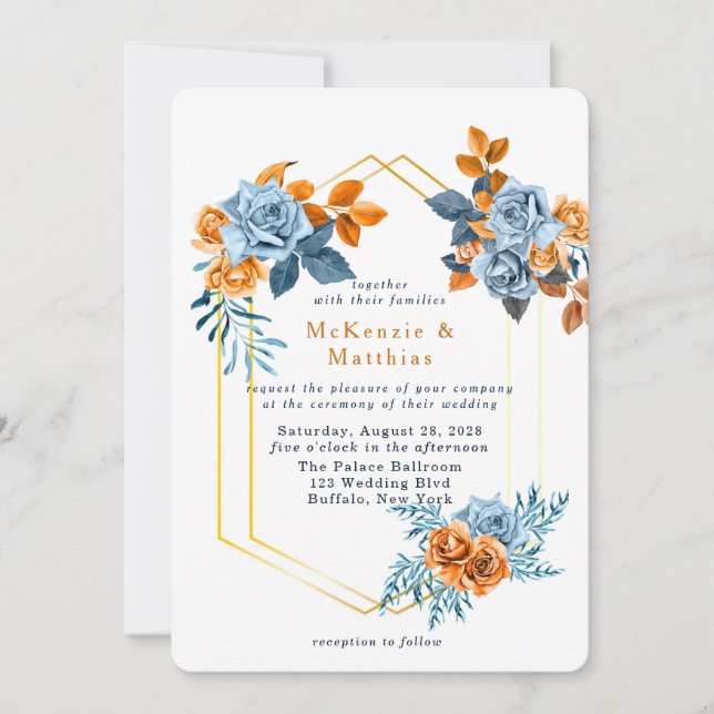 Dusty Blue and Rusty Peony Floral Gold Wedding Invitation (Front)