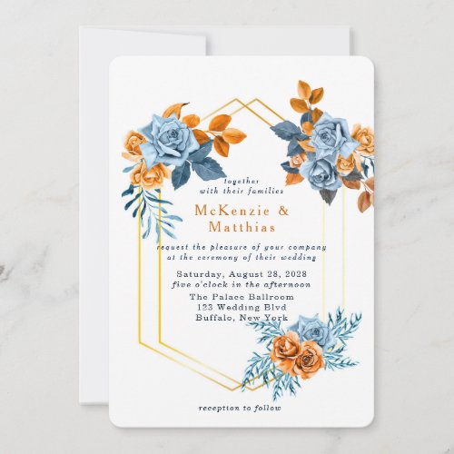 Dusty Blue and Rusty Peony Floral Gold Wedding Invitation