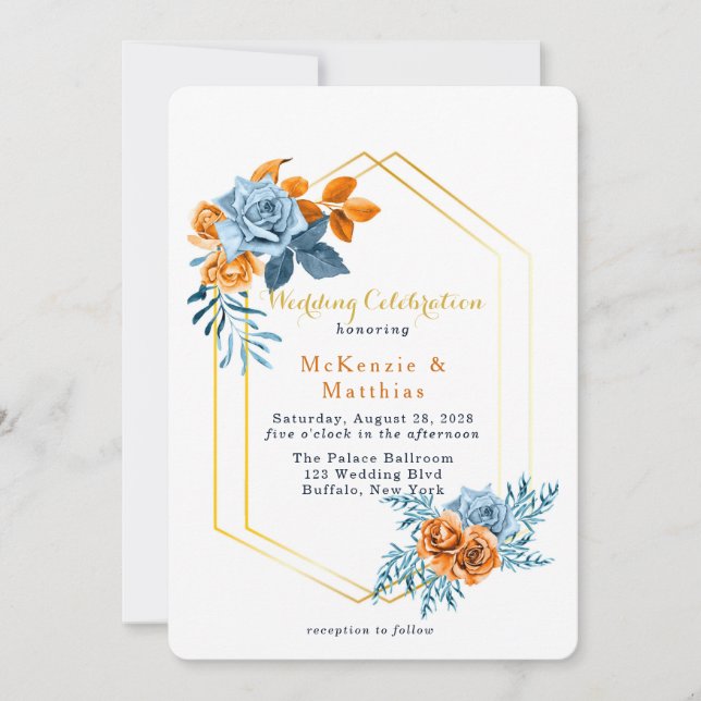 Dusty Blue and Rusty Peony Floral Gold Wedding Invitation (Front)
