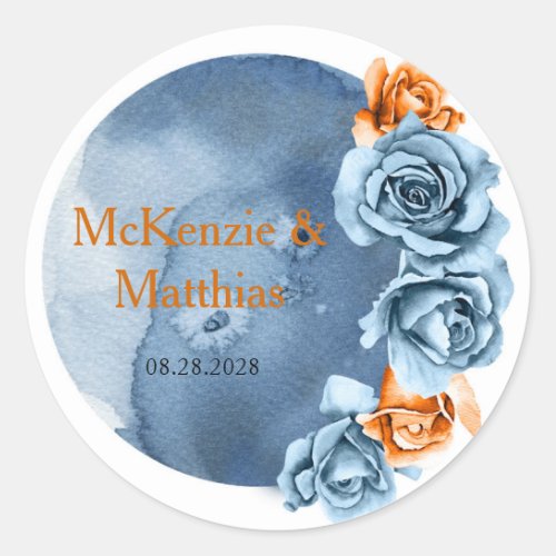 Dusty Blue and Rusty Peony Floral Wedding Classic Round Sticker