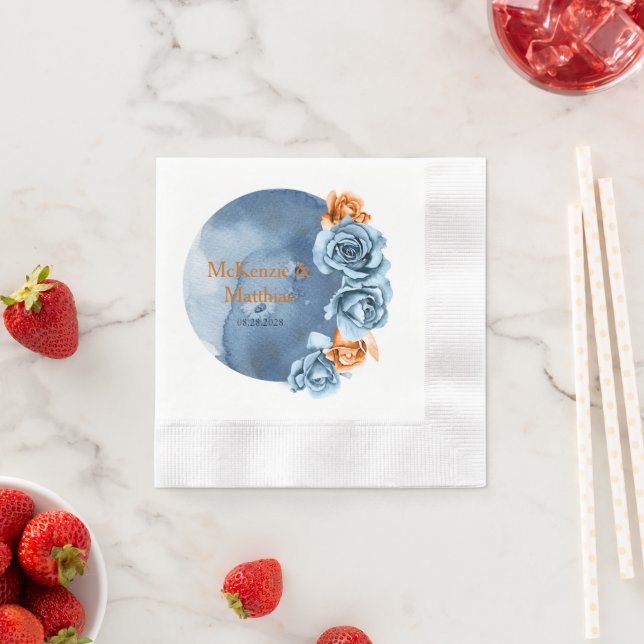 Dusty Blue and Rusty Peony Floral Wedding Napkins (Insitu)