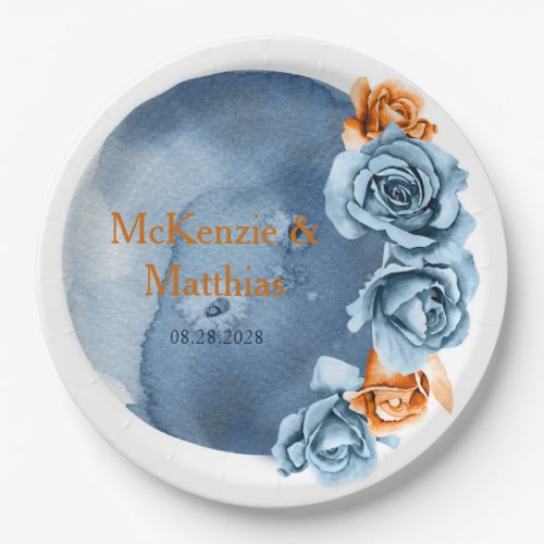 Dusty Blue and Rusty Peony Floral Wedding Paper Plates