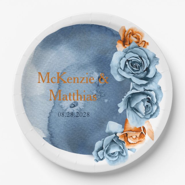 Dusty Blue and Rusty Peony Floral Wedding Paper Plates (Front)