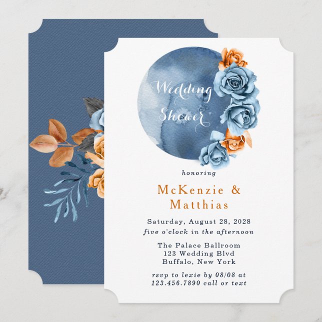 Dusty Blue and Rusty Peony Floral Wedding Shower Invitation (Front/Back)