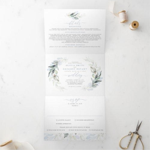 Dusty Blue and Sage Elegant Greenery Wedding Tri_Fold Invitation