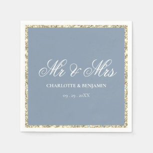 Dusty Blue and Silver Border Mr & Mrs Wedding Napkins
