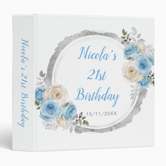 Dusty Blue and Silver Elegant Flowers Birthday  3 Ring Binder (Front/Spine)