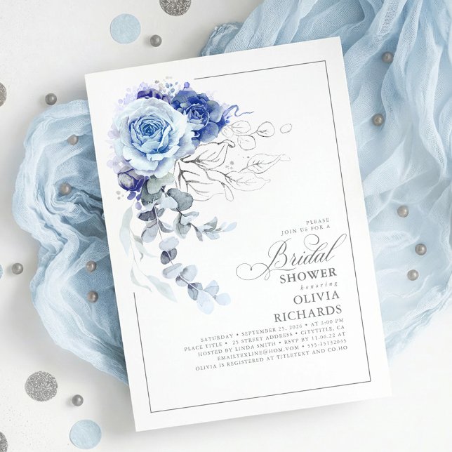 Dusty Blue and Silver Floral Botanic Bridal Shower Invitation (Dusty Blue and Silver Botanical Floral Elegant Bridal Shower Invitation)