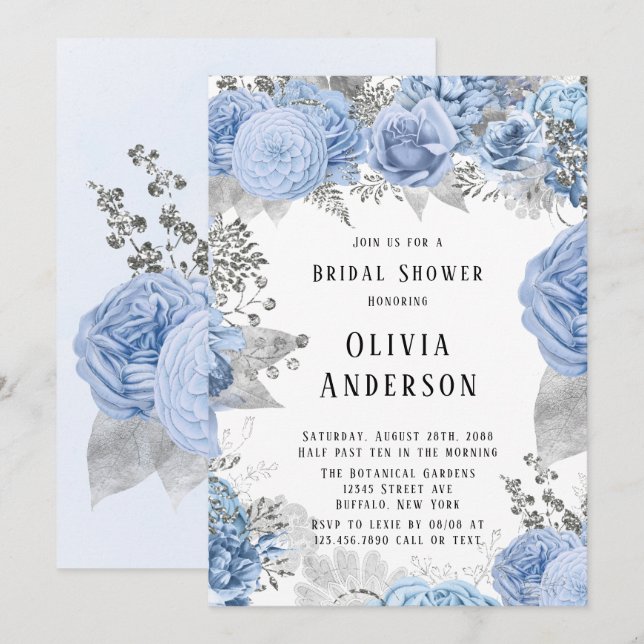 Dusty Blue and Silver Floral Bridal Shower Invitat Invitation (Front/Back)