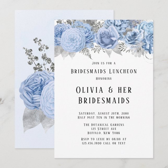 Dusty Blue and Silver Floral Bridesmaides Luncheon Invitation (Front/Back)