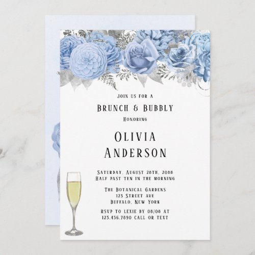 Dusty Blue and Silver Floral Brunch  Bubbly Invitation