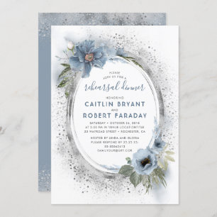 Dusty Blue and Silver Floral Chic Rehearsal Dinner Invitation