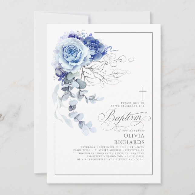 Dusty Blue and Silver Floral Elegant Baptism Invitation (Front)