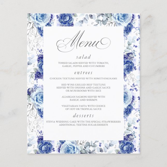 Dusty Blue and Silver Floral Elegant Wedding Menu Flyer (Front)