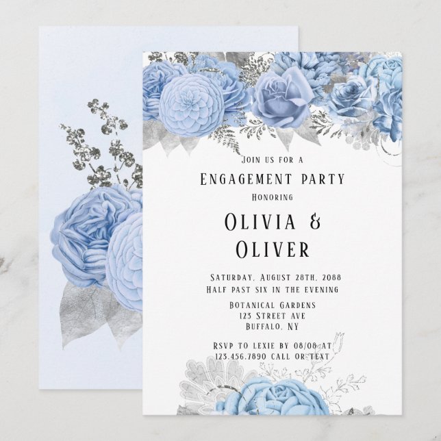 Dusty Blue and Silver Floral Engagement Party Invitation (Front/Back)