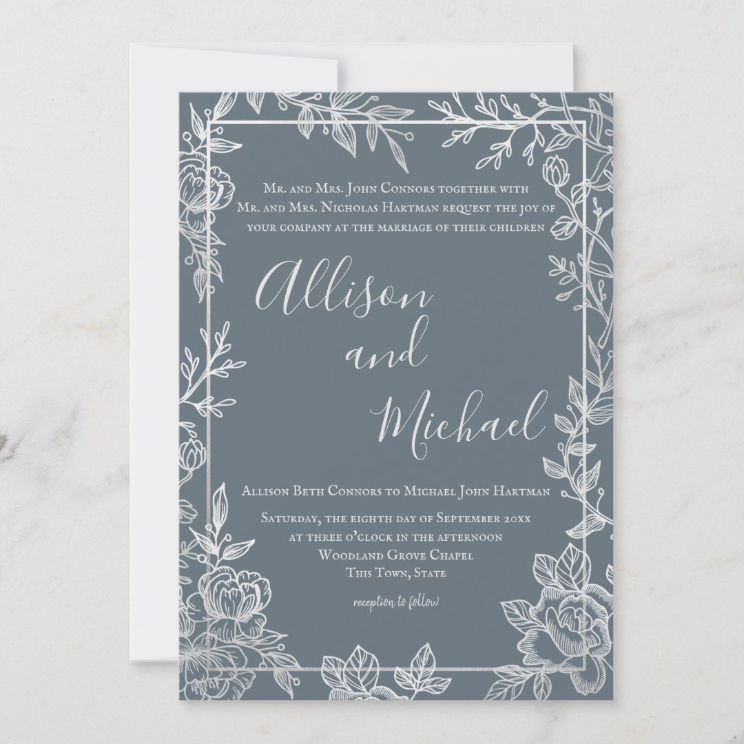 Dusty Blue and Silver Floral Sketch Frame Invitation | Zazzle