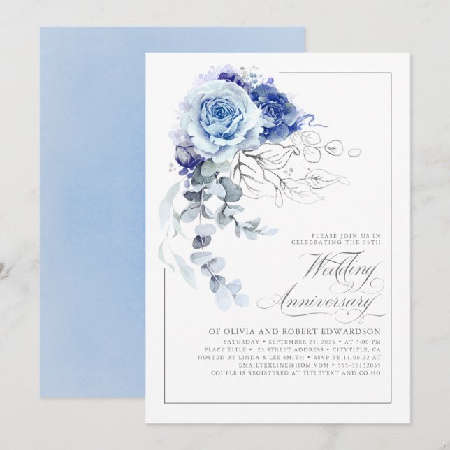 Dusty Blue and Silver Floral Wedding Anniversary Invitation (Front/Back)