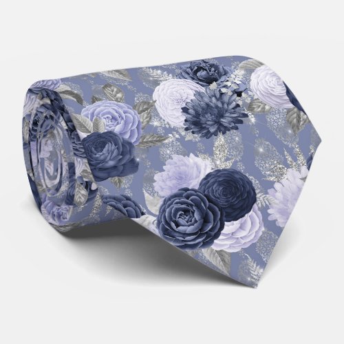  Dusty Blue and Silver Floral Wedding Neck Tie