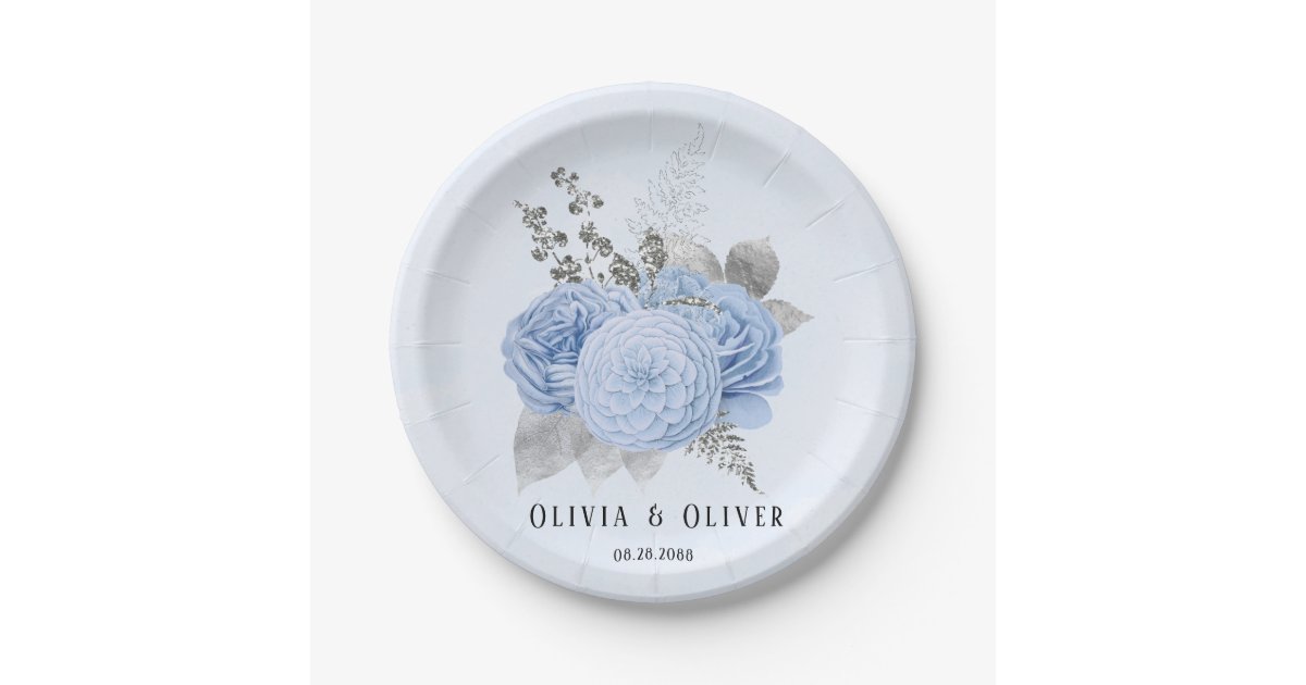 Dusty Blue and Silver Floral Wedding Paper Plates | Zazzle