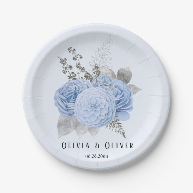 Dusty Blue and Silver Floral Wedding Paper Plates (Front)