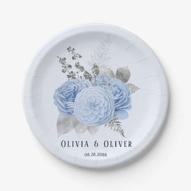 Dusty Blue and Silver Floral Wedding Paper Plates | Zazzle
