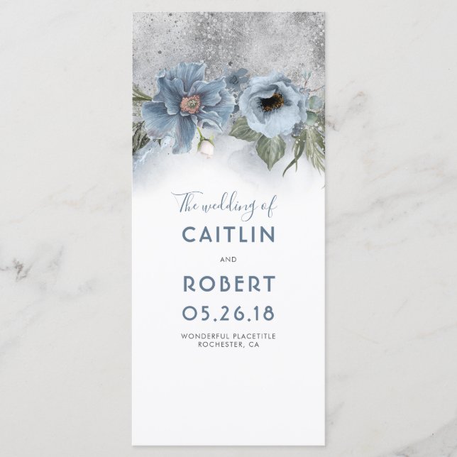 Dusty Blue and Silver Floral Wedding Programs (Front)