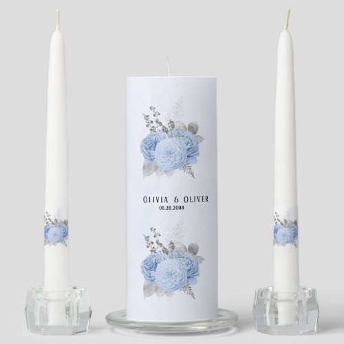 Dusty Blue and Silver Floral Wedding Unity Candle Set