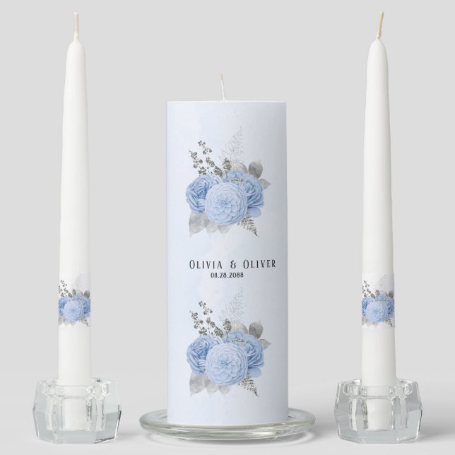 Dusty Blue and Silver Floral Wedding Unity Candle Set (Front)