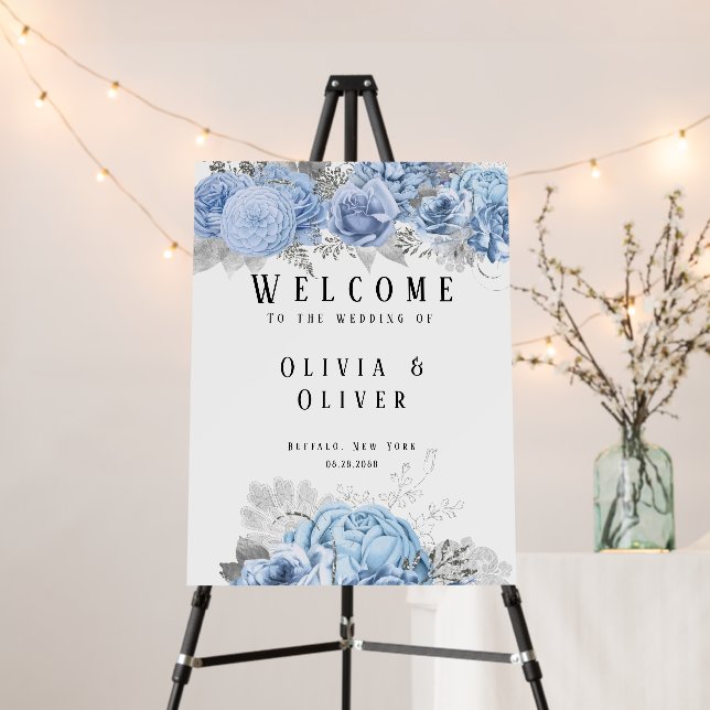Dusty Blue and Silver Floral Wedding Welcom Sign (In Situ (Stand))