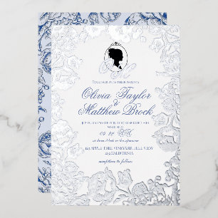 Dusty Blue and Silver Foil Elegant Wedding Foil Invitation