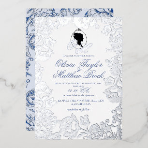 Dusty Blue and Silver Foil Elegant Wedding Invitation
