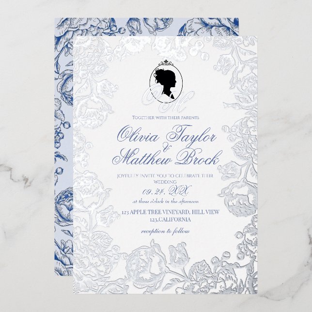 Dusty Blue and Silver Foil Elegant Wedding Invitation (Front/Back)