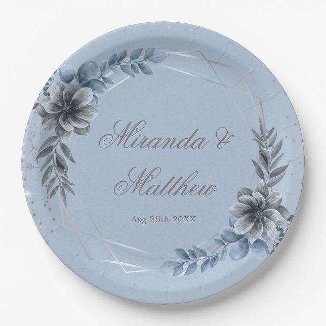 Dusty Blue And Silver Geometric Floral Wedding  Paper Plates (Front)