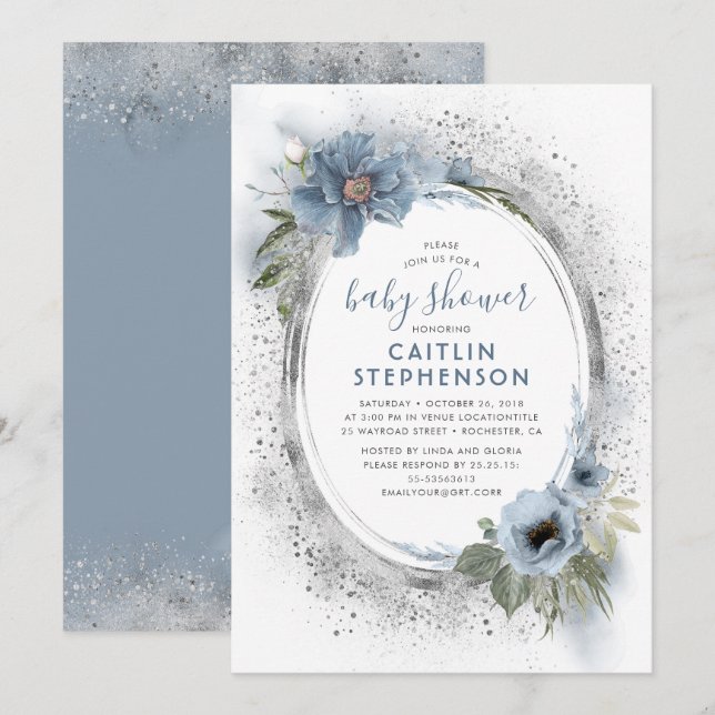 Dusty Blue and Silver Glitter Baby Shower Invitation (Front/Back)