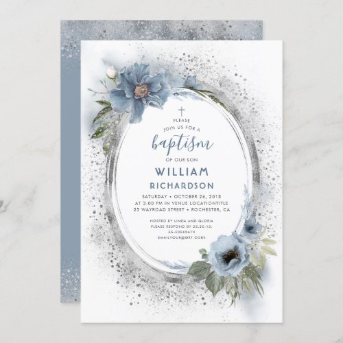 Dusty Blue and Silver Glitter Baptism Invitation