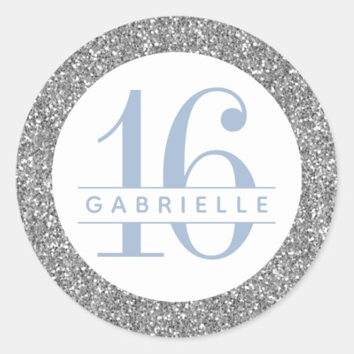 Dusty Blue and Silver Glitter Birthday Favor Classic Round Sticker