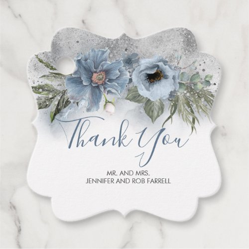 Dusty Blue and Silver Glitter Elegant Floral Favor Tags