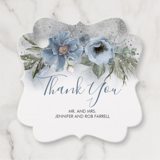 Dusty Blue and Silver Glitter Elegant Floral Favor Tags | Zazzle.com