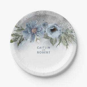 Dusty Blue and Silver Glitter Elegant Modern Paper Plates