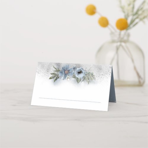 Dusty Blue and Silver Glitter Floral Wedding Place Card