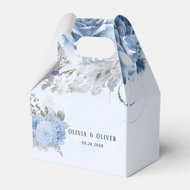 Dusty Blue and Silver Glitter Florals Wedding Favor Boxes (Front Side)