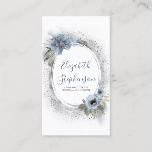 Dusty Blue and Silver Glitter Modern Floral Chic Business Card