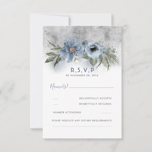 Dusty Blue and Silver Glitter Modern Wedding RSVP (Front)