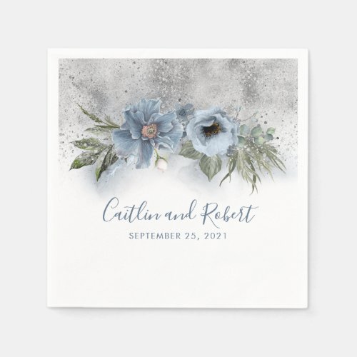 Dusty Blue and Silver Glitter Romantic Wedding Napkins