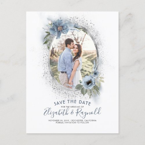 Dusty Blue and Silver Photo Save the Date Announcement Postcard