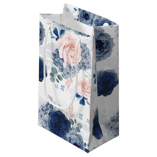 Dusty Blue and Soft Light Pink Flowers Elegant  Small Gift Bag (Front Angled)